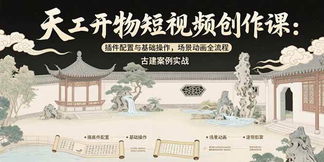 (7.19)天工开物短视频创作课：插件配置与基础操作，场景动画全流程 古建案例实战